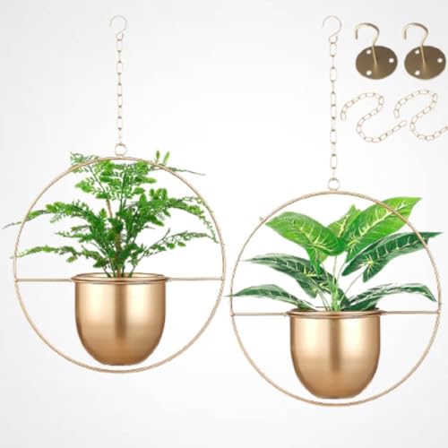 2 Pack Gold Hanging Planter, Hanging Planters for Indoor Plants with 5.5" Pot + Ceiling Hook + Extender Chain, Gold Plant Hanger, NO Plant incld - color: Gold X 2
