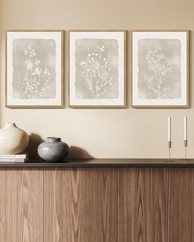Drsoum Botanical Flower Wall Art Framed Vintage Floral Wall Prints Wildflower Neutral Rustic Bohemain Artwork Farmhouse Bedroom Ready to Hang 12x16in Natural Framed - color: Beige Botanical Floral, size: 16L" x 12W", Natural Framed