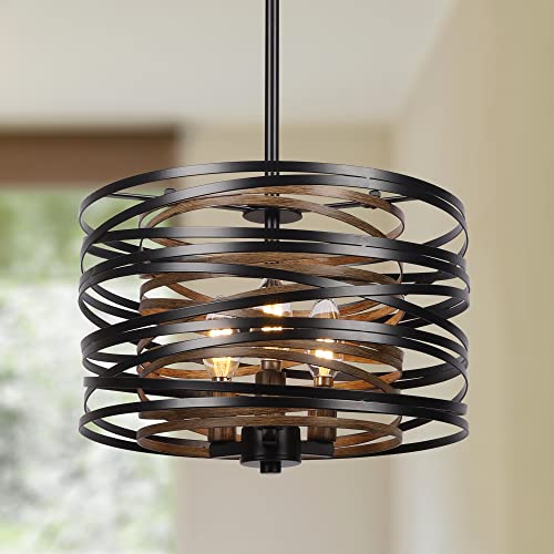 12.6'' Farmhouse Chandeliers for Dining Room, 3-Light Industrial Metal Hanging Light Fixture, Rustic Drum Pendant Light for Entryway Kitchen Foyer Bedroom, Black with Retro Wood Texture Interior - color: Black with Retro Wood Texture Interior, size: 12.6"