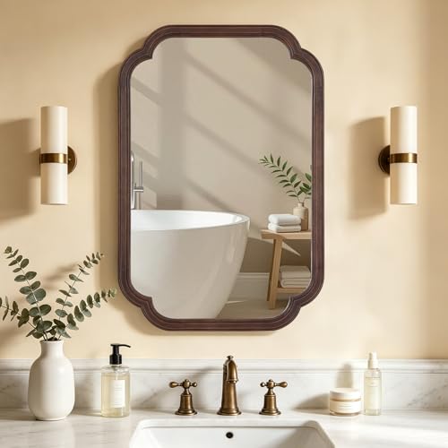 HOMECOOKIN Wood Bathroom Mirror for Wall Decor Arched Rounded Corner Rustic Wood Frame Wall Mirror Home Decorative for Vanity, Living Room, Bedroom, Entryway (20 x 30 inch, Walnut) - color: Walnut, size: 30"L x 20"W