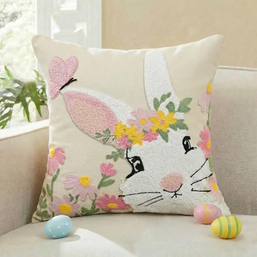 AVOIN colorlife Easter Spring Rabbit Floral Embroidered Throw Pillow Cover, 18 x 18 Inch Butterfly Bunny Tufted Patterned Linen Decoration Cushion Case for Sofa Couch - size: 18" x 18" (Pack of 1)