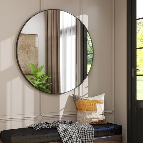 36 Inch Round Bathroom Mirror - Black Wall Mounted Circle Mirror with Metal Frame, Modern Round Hanging Mirror Suitable for Bathroom, Vanity, Entryway, Living Room - color: Black, size: 36"L x 36"W