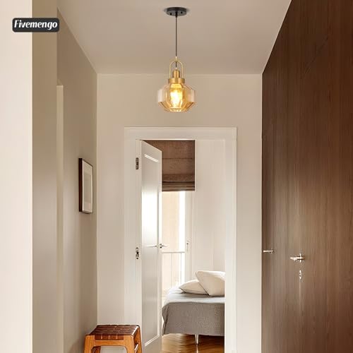 9in Mid Century Modern Pendant Light, Gold and Small Amber Glass | Vintage Lighting Fixture Ceiling Hanging Lamp for Kitchen Island Foyer Dining Room Bedroom Entryway Hallway Over Sink Table - color: Amber & Gold Hardwire, size: 9in
