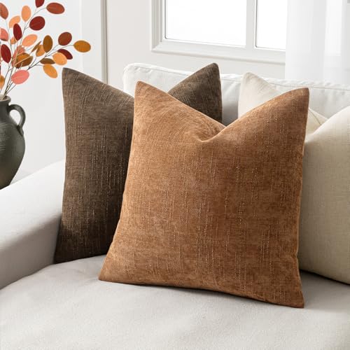 Set of 2 Textured Throw Pillow Covers Decorative Soft Accent Square Chenille Pillowcases Neutral Farmhouse Cushions Modern Home Decor for Couch Sofa Bedroom Living Room 18x18 Inch,Bronze - color: Bronze, size: 18" x 18" (Pack of 2)
