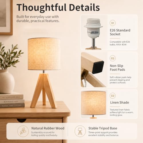 Tripod Table Lamp Linen: Small Bedside Lamp with Natural Rubber Wood Base, Wooden Nightstand Lamp for Bedroom Living Room Nursery Office, Mid Century Modern Desk Lamp, E26 Socket