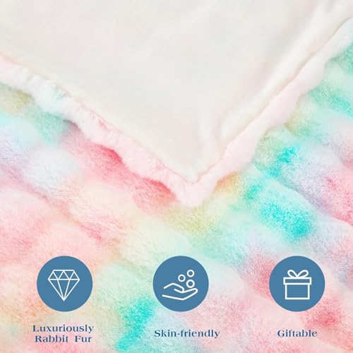 JONIYEAR Large Decorative Colorful Bubble Faux Rabbit Fur Bed Blanket Queen Size 80" x 90", Soft Thick Warm Fluffy Blankets for Winter, Luxury Shag Big Cozy Fuzzy Furry Blanket for Women Girls,Rainbow - color: Colorful Rainbow - 900gsm, size: Queen Size -