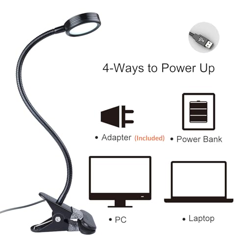 LEPOWER Clip on Light/Reading Lights/Book Light/Desk Lamp Color Changeable/Night Lights Clip on for Desk, Bed Headboard and Computers, Adapter Included (Black) Metal - color: Black