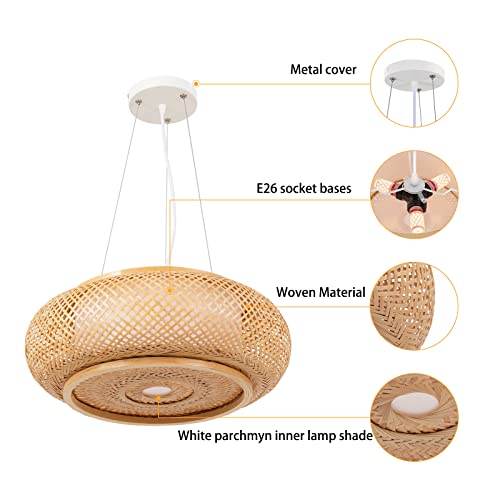 Hand-Woven Bamboo Pendant Light, Lantern Lamp Rattan Single Light Weaving Natural Wooden Ceiling Hanging Fixture with Adjustable Cord for Kitchen Dining Room Restaurant Farmhouse - color: Dome,Style 8,19.65inch