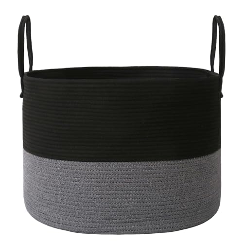 JMvicyroam 115L Extra Large Blanket Basket for Living Room - Woven Cotton Rope Laundry Hamper with Reinforced Handles - Storage Bin for Pillows, Comforters & Toys - Machine Washable, Black&Grey - color: Black&Grey, size: 115L