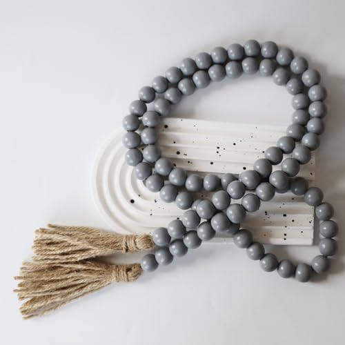 Boho Decor Wood Beads Garland Farmhouse Wall Hanging Decorations Natural Wooden Bead Tassel Decorative for Coffee Table Christmas and Prayer (Gray, 58") - color: Grey, size: 58"