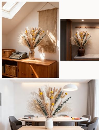 Pampas Grass Boho Decor Bouquet - Natural Dried Flowers Including Billy Balls,Eucalyptus,Bunny Tails Grass,Multi-Scene Decor for Home/Wedding/Living Room/Entryway | Versatile Ins-Style Home Ornament
