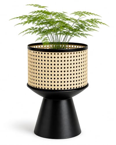 PandS Metal Planter with Stand Beige Rattan-Style Indoor & Outdoor Plant Pot, 12 Inch Decorative Planter with Drainage for Herbs, Succulents & Cactus