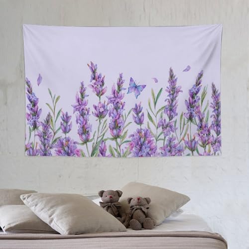 HZOHNAGO Lavender Flower Tapestry Watercolor Purple Floral Butterfly Pattern Printed Wall Tapestry Wall Hanging for Bedroom Living Room Dorm 60" W x 40" H - color: Lavender-10, size: 60"L x 40"W