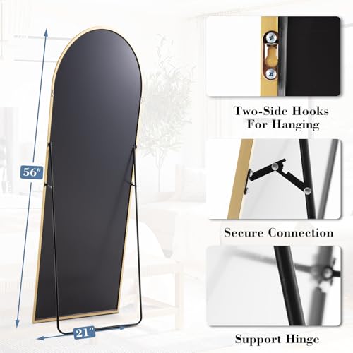 DUMOS Arched Full Length Mirror, 56"x15" Full Body Floor Standing Mirror with Aluminum Frame and Shatter Proorf Nano Glass, Modern Wall Hanging Leaning for Living Room, Home Decor, Gold - color: Gold-rounded, size: 56"L x 15"W