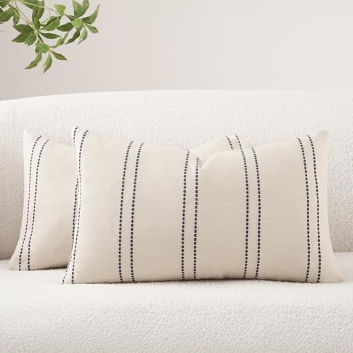Striped Lumbar Throw Pillow Covers 12x20 Inch Set of 2 Linen Decorative Farmhouse Boho Decor Rectangle Beige Navy Blue Cushion Cases for Couch Bed Sofa Modern Home Living Room - color: Navy Blue, size: 20" x 12" (Pack of 2)