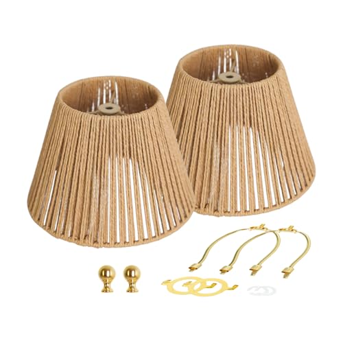 Rattan Lamp Shades Set of 2, Floor Lamps with Lamp Harps Lamp Shade Holder, Fabric Drum Shade with PVC Lining, Spider Fitter for Table Lamps,Floor Lamps, 5.5x8.7x6.6 Inch - color: Brown with Holder