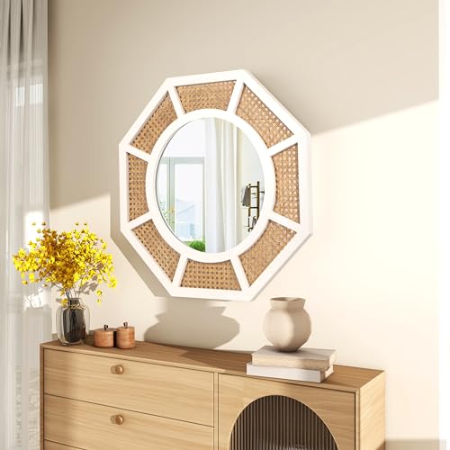 24" Large Rattan Wall Mirror Decoraive Boho Wall Decor Large Rattans Mirror Natural Woven Rattan Mirrors for Farmhouse,Living Room,Bedroom,Bathroom,White Frame