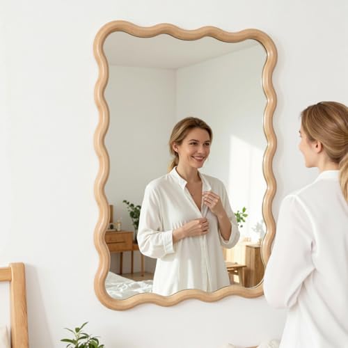 Bathroom Mirror for Wall,24x36 inch Large Irregular Wavy Wood Modern Boho Vanity Farmhouse Mirrors for Bedroom Living Room Entryway Hallway Fireplace - size: 36"L x 24"W