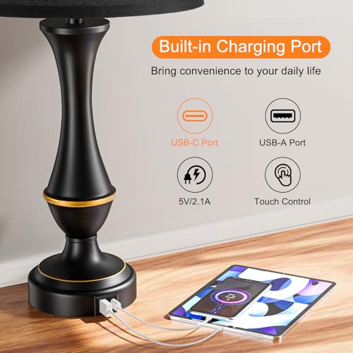 Seealle Upgraded Touch Lamps for Night Stands Set of 2 - Bedside Lamps with USB C+A, 3 Way Dimmable for Bedroom Living Room End Tables Office (Black) - color: K. Black Shade & Black Base, size: Medium（22 In）