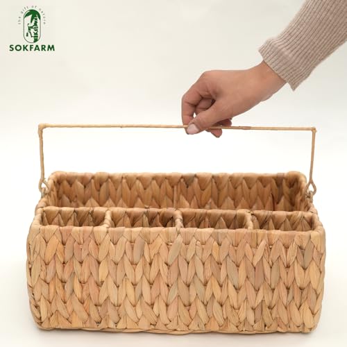 Water Hyacinth Woven Storage Basket with 5 Compartments – Divided Wicker Organizer Tray with Thin Foldable Handle for Kitchen Countertop, Bathroom, Office Desk, Dining Caddy. Natural Chunky Weave