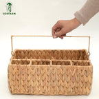 Water Hyacinth Woven Storage Basket with 5 Compartments – Divided Wicker Organizer Tray with Thin Foldable Handle for Kitchen Countertop, Bathroom, Office Desk, Dining Caddy. Natural Chunky Weave