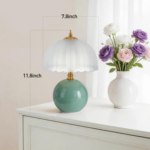 PARTPHONER Mushroom Table Lamp, Ceramic Bedside Lamp with Glass Shade, 3-Way Lighting (2700K-5000K) Rocker Switch, Small Nightstand Lamp for Bedroom, Living Room, Office, Green - color: Green
