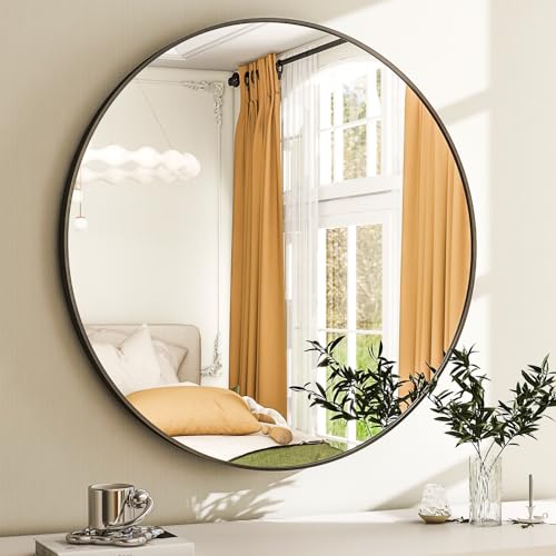 20 Inch Round Bathroom Mirror - Black Wall Mounted Circle Mirror with Metal Frame, Modern Round Hanging Mirror Suitable for Bathroom, Vanity, Entryway, Living Room - color: Black, size: 20"L x 20"W
