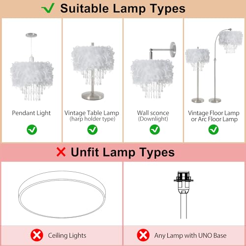 Feather Lamp Shade with Acrylic Beads Droplets, Universal Fit Light Shade for Pendant, Table, Floor & Wall Lighting, Girl Bedroom Decor, ID 11.8inch, OD 15.7inch, White - color: White, size: 15.7 inches