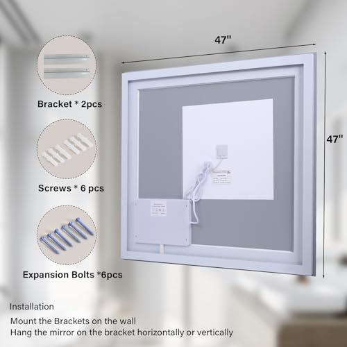 XRAMFY 47"x 47" LED Bathroom Mirror, Backlit + Front Lit, LED Bathroom Mirror with Lights for Wall, 3 Colors, Anti-Fog, Dimmable Brightness, Tempered Glass - size: 47"L x 47"W