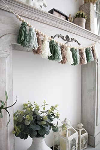 Tassel Garland - Boho Tassel Garland with Wood Beads - Wall Decor for Dorm, Girls Room and Nursery Room - Olive Green (43 inch) - size: 43 inch