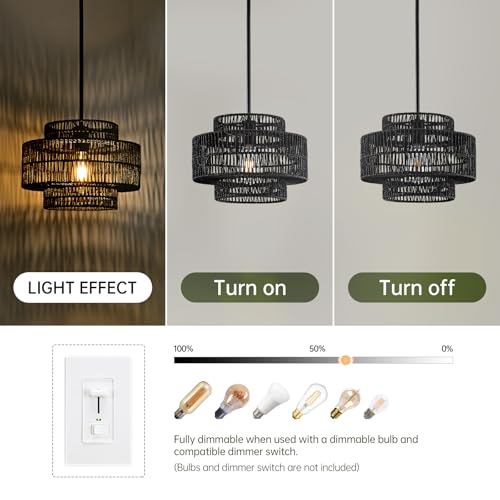 12.4” Black Boho Rattan Chandelier Light Fixture, 1-Light Hand Woven Pendant Light Fixture Farmhouse Rustic Hanging Lamp for Kitchen Island Bedroom, Dining Room, Living Room, Entryway, Foyer - color: Black, size: 12.4" 1-Light