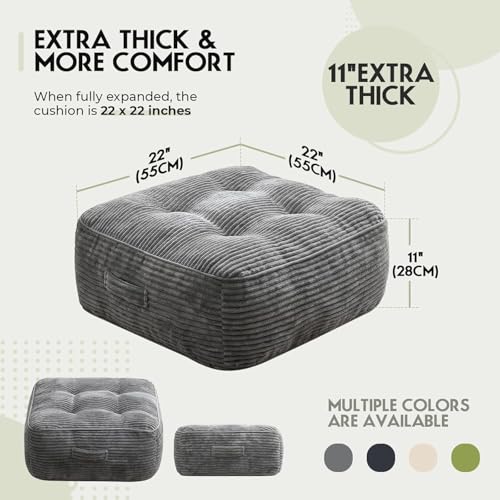 11" Thick Washable Floor Pillow for Adults, Yoga & Meditation Cushion with Handle, Square Large Pillows Seating with Removable Tufted Corduroy Cover for Tatami Living Room Board Games, Light Gray - color: Light Gray