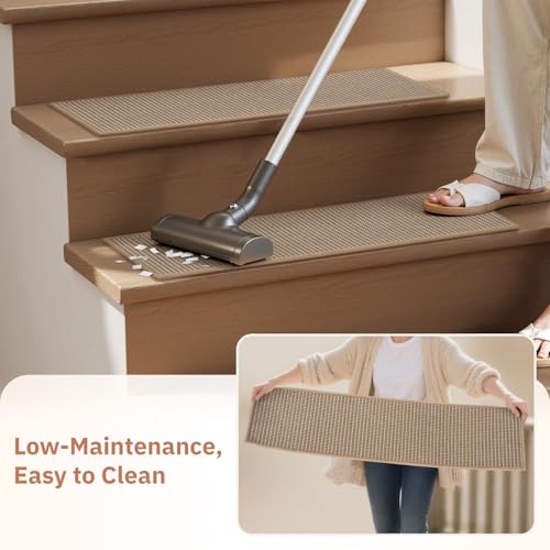 15PC Jute Stair Treads for Wooden Steps-Non Slip Peel and Stick Stair Treads Indoor, Adhesive Staircase Step Treads Residue Free, Cat-Friendly & Scratch-Resistant Durable Stair Runner Rug,8"x30" Beige - size: 8"x30"