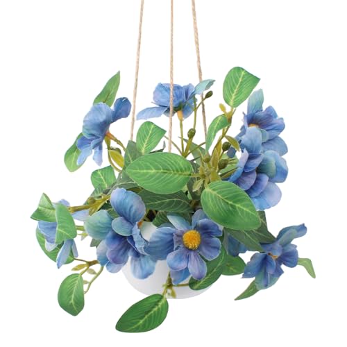 Artificial Hanging Flowers Fake Plants Basket Faux Daisy Bonsai Decor for Indoor Windowsill Porch Balcony Table Centerpieces - Blue - color: Blue