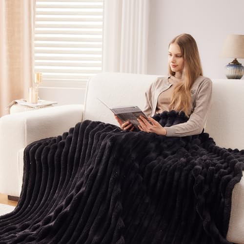 NEWCOSPLAY Super Soft Twin Blanket Black Premium Silky Flannel Fleece 3D Ribbed Jacquard Lightweight Bed Blanket All Season Use (Black Ribbed, Twin(60"x80")) - color: Black Ribbed, size: Twin(60"x80")