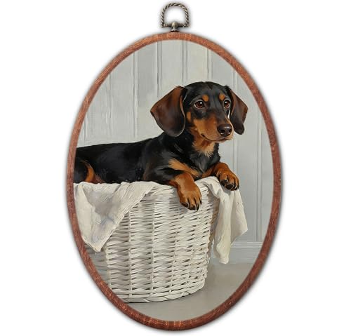 Lulavo Dachshund Laundry Basket Round Wall Art, Countryside Round Wall Decor, Retro Farmhouse Landscape Hanging Canvas Prints for Laundry Room Washroom Bathroom, 8.6x11.4 Inch - color: 02