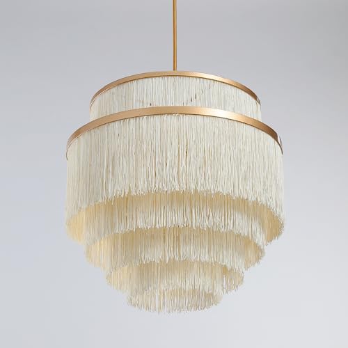 5-Tiered Boho Chandelier with Metal and Fringe,3 Lights Fringe Pendant Light Fixture,Tassle Chandelier for entryway,Dining Room,Baby Nursery,Gold and Light Beige - color: Light Yellow-Pendant