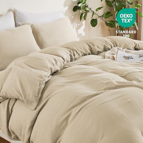 EMME Muslin Cotton Duvet Cover Set King Size Linen Like Soft Breathable Lightweight Summer Comforter Cover Set with Zipper Closure (King, 104"x90") - color: 02 - Beige, size: King(104"×90")