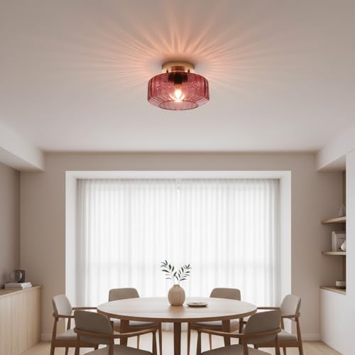 8.66" Low-Profile Purple Glass Flush Mount Ceiling Light, Gold Metal 1-Light Fixture, Easy Install Semi-Flush Lamp for Small Bedrooms, Bathrooms, Closets - color: Small, 8.66" Purple