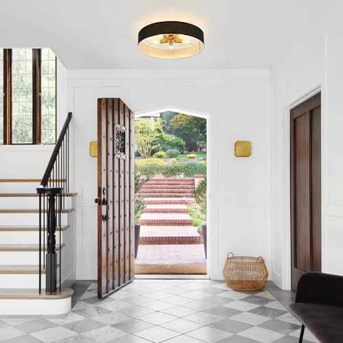 VILUXY Black and Gold Semi Flush Mount Ceiling Light Fixture, 24’’ Large Modern Ceiling Light with Linen Fabric Shade 5-Light Drum Ceiling Lamp for Bedroom Living Dining Room Enteyway - color: Black