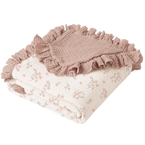 Konssy Flounce Muslin Baby Blanket for Girls Boys, 100% Cotton Soft Crib Swaddle Blankets, Reversible & Breathable Nursery Bedding for Newborns Toddlers, 43 x 39 Inches (Petal Dream) - color: Petal Dream, size: 43"x39"