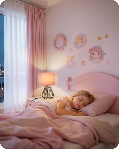 Pink Table Lamp for Girls' Room, Modern Small Bedside Lamp with Pink Linen Lampshade & Black Metal Base, 2700K LED Bulb Included, Decorative Nightstand Lamp for Bedroom, Entryway, P06TL05 - color: Pink + Black