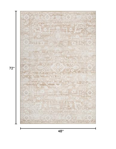 Soalmost Area Rugs 4x6 for Living Room, Neutral Washable Rugs for Dining Room, Entryway, Kitchen, Floral Vintage Non-Slip Area Rug Farmhouse 4'x6' Beige - color: Beige, size: 4' x 6' (Rectangular)