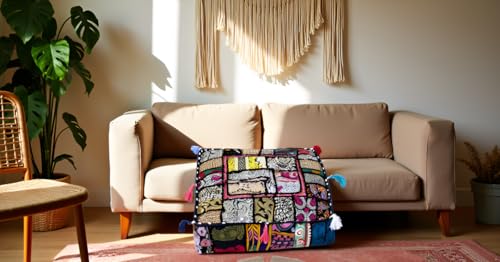 CRAFT KALA Indian Square Patchwork Traditional Pouf Cover Indian Living Room Poufs Decorative Embroidered Designer Ottoman Home Living Footstool Chair Cover Decor Pillow Cover 18x18x5 inches, Black - color: Black, size: 18"D x 18"W x 5"H