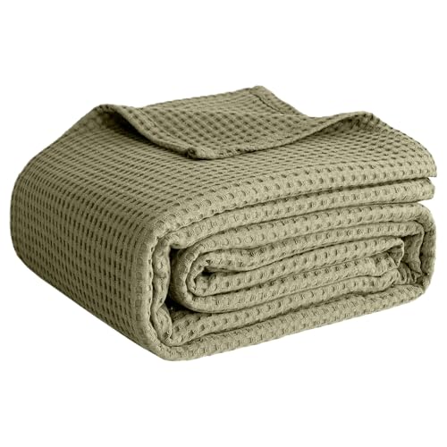 100% Cotton Blankets for Bed - Waffle Weave Blankets for Summer, Lightweight and Breathable Soft Woven Blanket for Spring (Olive Green, Throw (50" x 60")) - color: Olive Green, size: Throw (50" x 60")