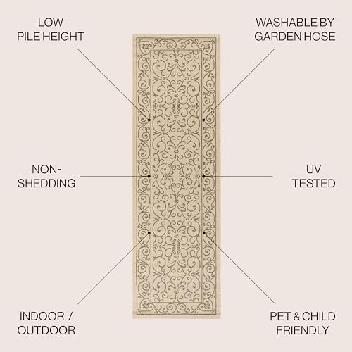 JONATHAN Y Vintage Filigree Indoor Outdoor Runner Rug 2X10 Beige/Brown, Charleston Textured Weave for Backyard, Patio, Porch, Easy-Cleaning, High Traffic, Pet-Friendly, Non-Shedding (SMB106A-210) - color: Beige/Brown, size: 2'2" x 10' (Runner)