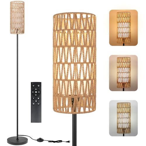 Ruiever Floor Lamp for Living Room,Farmhouse Floor lamp,Modern Standing lamp with Hand-Worked Rattan Shade (Double Shade-with Remote) - style: Double Shade-with Remote