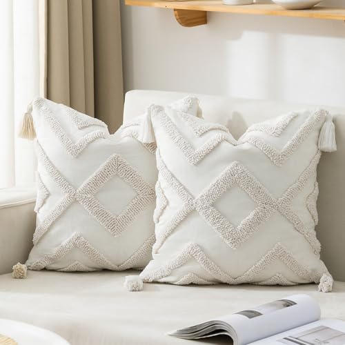 Boho Pillow Covers 18x18 Set of 2 Geometric & Striped Pillow Covers-Hand-Tufted Textured Pillowcases-Farmhouse Linen Decorative Throw Pillows for Sofa, Couch, Bed, Chair, Living Room, Lozenge - color: Square