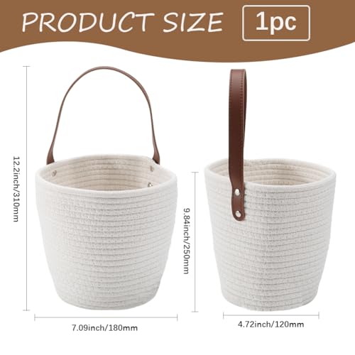 7.1 x 9.8 x 4.7 Inch Hanging Woven Basket Cotton Wall Basket with Handle White Rope Multifunction Macrame Closet Shelf Organizing Storage Wall Mounted Bin for Kitchen Room Fruit Plants Towels