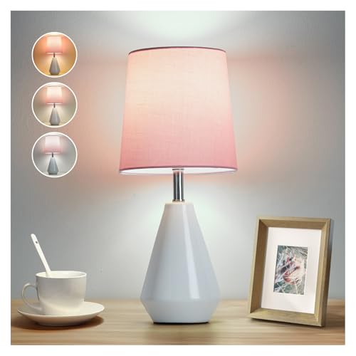 Small Bedside Table Lamp for Bedroom - Reading Desk Lamp with 3 Color Temperatures，15.5" Nightstand Ceramic Lamp with Fabric Shade for Kids Room,Living Room,Dorm,Home Office (White+Pink - color: White+Pink, size: 15.5"